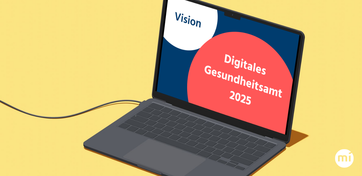 Die Grafik zeigt einen Laptop auf dessen Bildschirm "Vision Digitales Gesundheitsamt 2025" zu lesen ist.