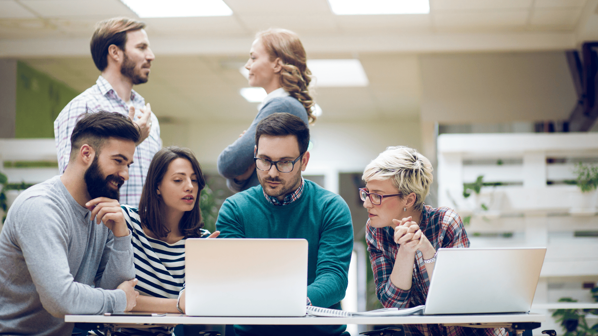 Hier werden vier Personen im Bürokontext gezeigt. Sie arbeiten zusammen und schauen auf einen Monitor. Es wird ein beispielhafter Arbeitsplatz für Entwickler*innen dargestellt.