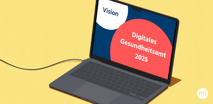 Die Grafik zeigt einen Laptop auf dessen Bildschirm "Vision Digitales